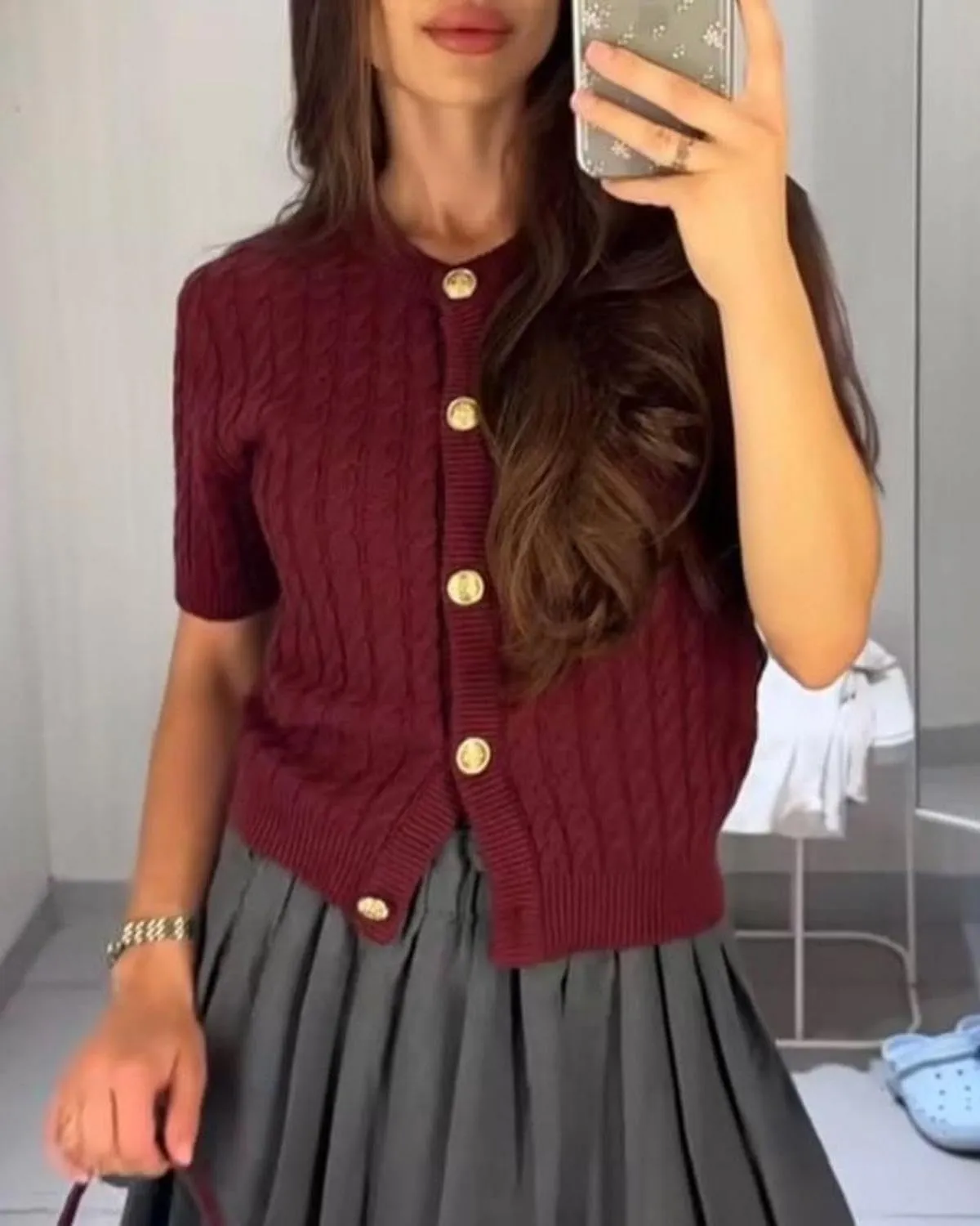 Women Cable Knit Short Sleeved Sweater Cardigan Casual Button Up Soft Solid Sweater Shirt