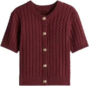Women Cable Knit Short Sleeved Sweater Cardigan Casual Button Up Soft Solid Sweater Shirt