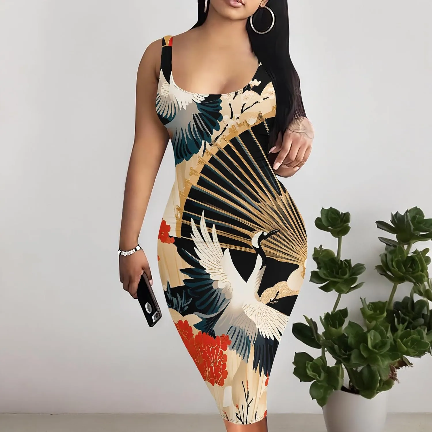 Women Casual Tank Top Sexy Bodycon Dress Summer Beach Pencil Sleeveless Basic Floral Print Cocktail Club Midi Dresses