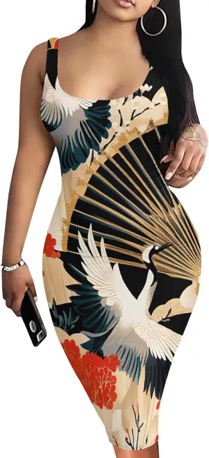 Women Casual Tank Top Sexy Bodycon Dress Summer Beach Pencil Sleeveless Basic Floral Print Cocktail Club Midi Dresses