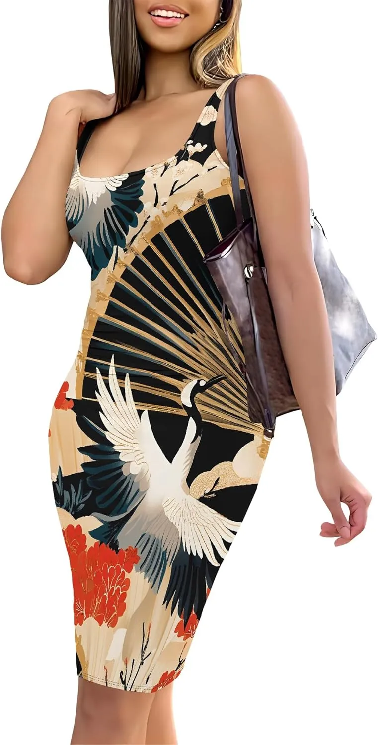 Women Casual Tank Top Sexy Bodycon Dress Summer Beach Pencil Sleeveless Basic Floral Print Cocktail Club Midi Dresses