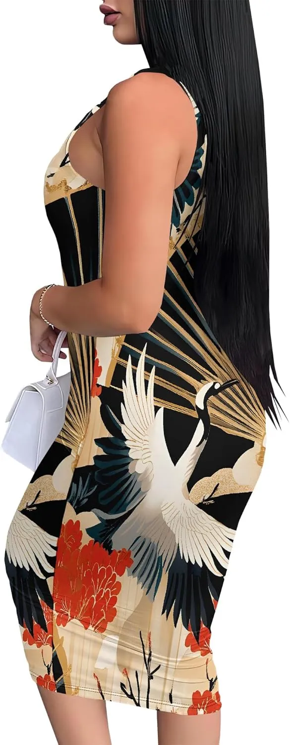 Women Casual Tank Top Sexy Bodycon Dress Summer Beach Pencil Sleeveless Basic Floral Print Cocktail Club Midi Dresses