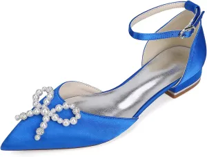Women Classic Pointed Toe D'orsay Wedding Flat Sandals Sparkly Pearls Ankle Strap Satin Low Heel Dress Shoes