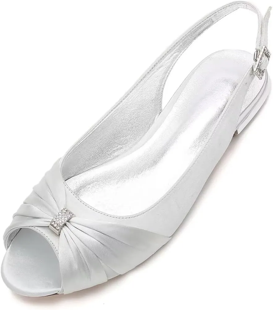 Women Comfort Flat Satin Wedding Shoes Peep Toe Buckle Strap Bridal Evening Party Flats Shoes