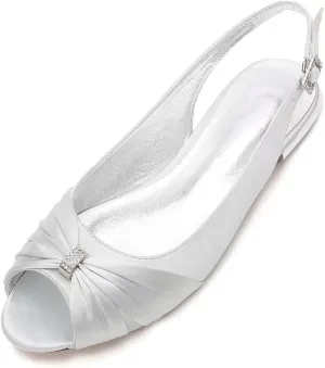Women Comfort Flat Satin Wedding Shoes Peep Toe Buckle Strap Bridal Evening Party Flats Shoes