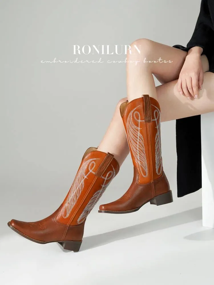 Women Cowgirl Boots Cowboy Boots Mid Calf Western Low Chunky Heel Classic Embroidery Fashion Pull Up Square Toe for Dressing Party Concert