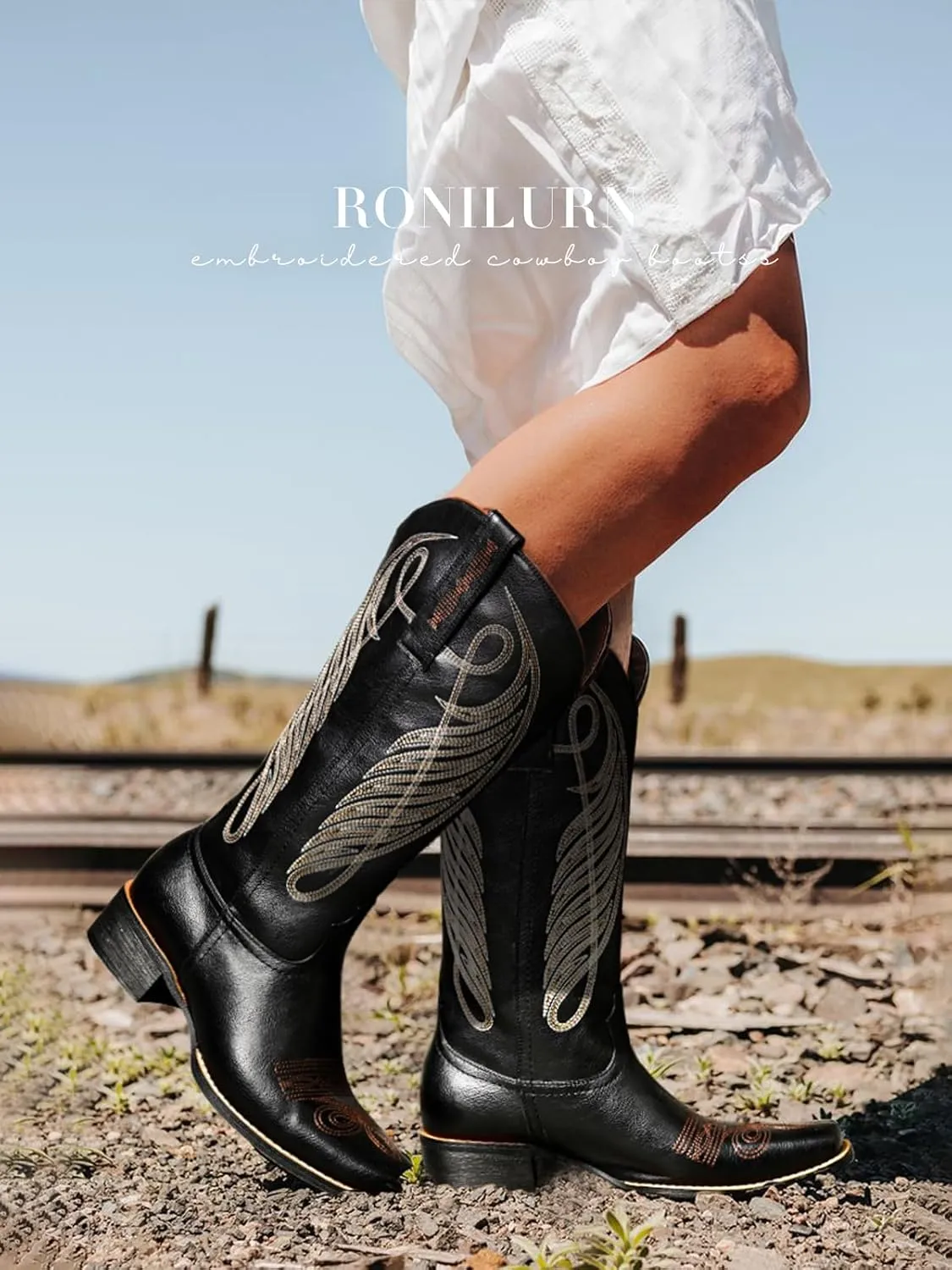 Women Cowgirl Boots Cowboy Boots Mid Calf Western Low Chunky Heel Classic Embroidery Fashion Pull Up Square Toe for Dressing Party Concert