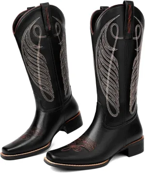 Women Cowgirl Boots Cowboy Boots Mid Calf Western Low Chunky Heel Classic Embroidery Fashion Pull Up Square Toe for Dressing Party Concert