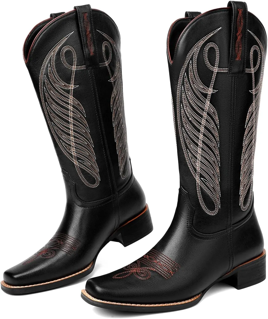 Women Cowgirl Boots Cowboy Boots Mid Calf Western Low Chunky Heel Classic Embroidery Fashion Pull Up Square Toe for Dressing Party Concert