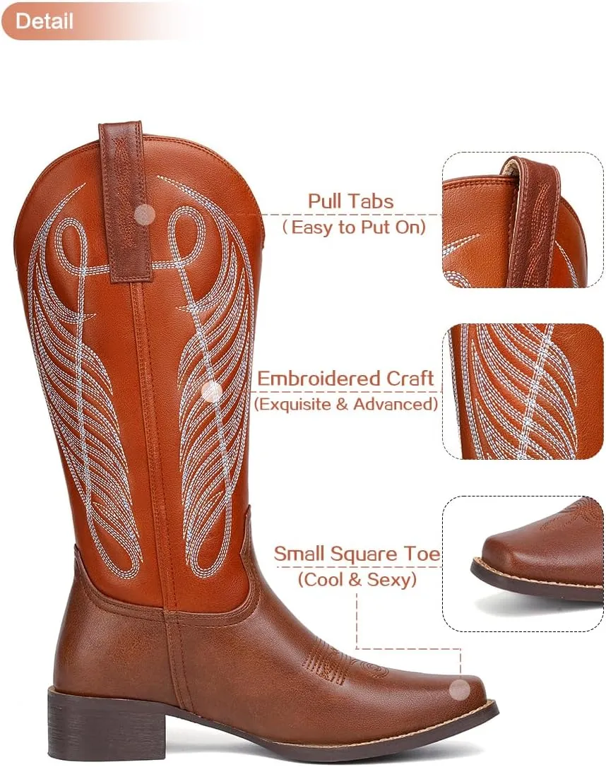 Women Cowgirl Boots Cowboy Boots Mid Calf Western Low Chunky Heel Classic Embroidery Fashion Pull Up Square Toe for Dressing Party Concert