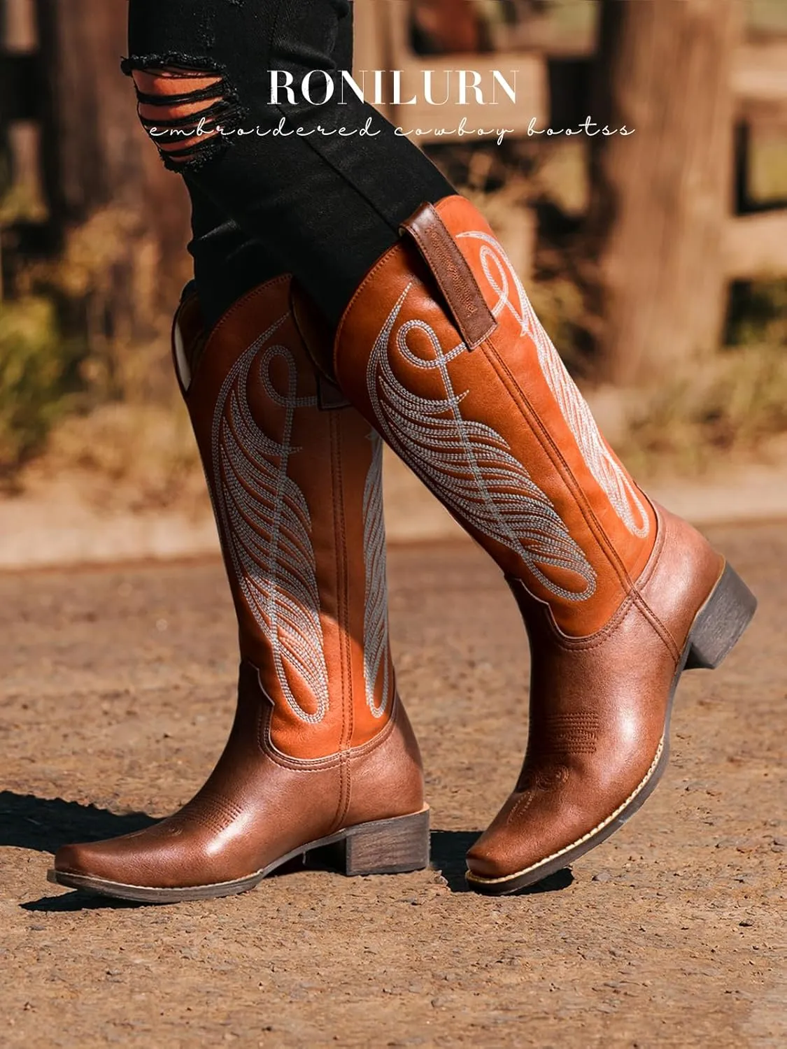 Women Cowgirl Boots Cowboy Boots Mid Calf Western Low Chunky Heel Classic Embroidery Fashion Pull Up Square Toe for Dressing Party Concert