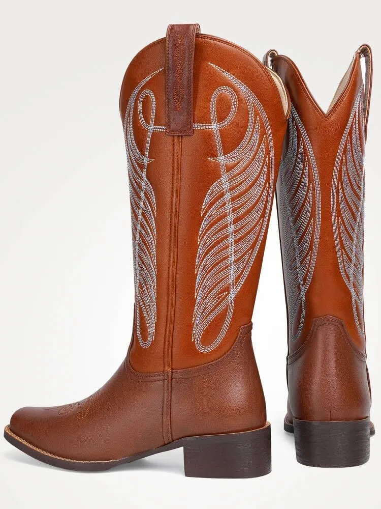 Women Cowgirl Boots Cowboy Boots Mid Calf Western Low Chunky Heel Classic Embroidery Fashion Pull Up Square Toe for Dressing Party Concert