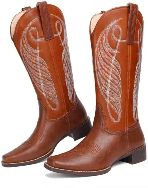 Women Cowgirl Boots Cowboy Boots Mid Calf Western Low Chunky Heel Classic Embroidery Fashion Pull Up Square Toe for Dressing Party Concert