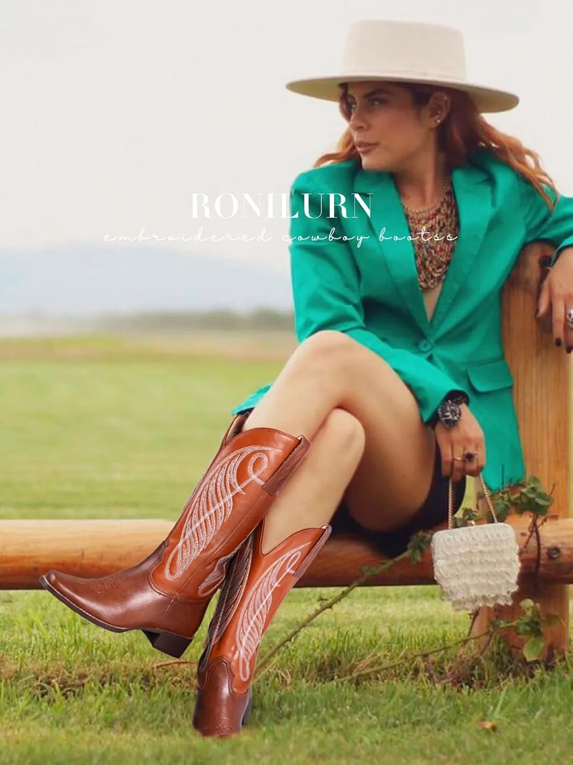 Women Cowgirl Boots Cowboy Boots Mid Calf Western Low Chunky Heel Classic Embroidery Fashion Pull Up Square Toe for Dressing Party Concert