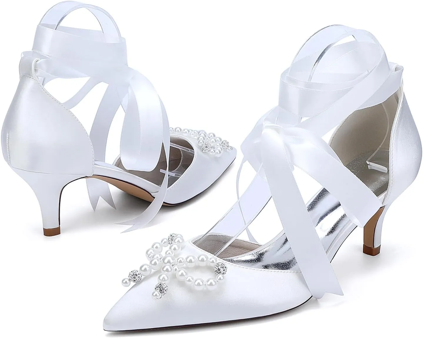 Women for Wedding Shoes Low Heels Kitten Heel Pumps Closed Toe Pointed Toe Women Bride Sandals Ribbon Tie Satin Prom Comfortable Dress Shoes