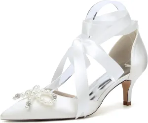 Women for Wedding Shoes Low Heels Kitten Heel Pumps Closed Toe Pointed Toe Women Bride Sandals Ribbon Tie Satin Prom Comfortable Dress Shoes