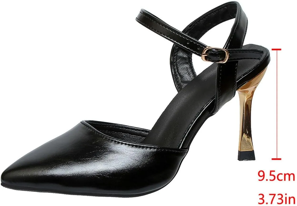 Women Heeled Slingback Sandals Closed Pointed Toe Ankle Strap Adjustable Buckle Evening Prom Wedding Party Dress Shoes