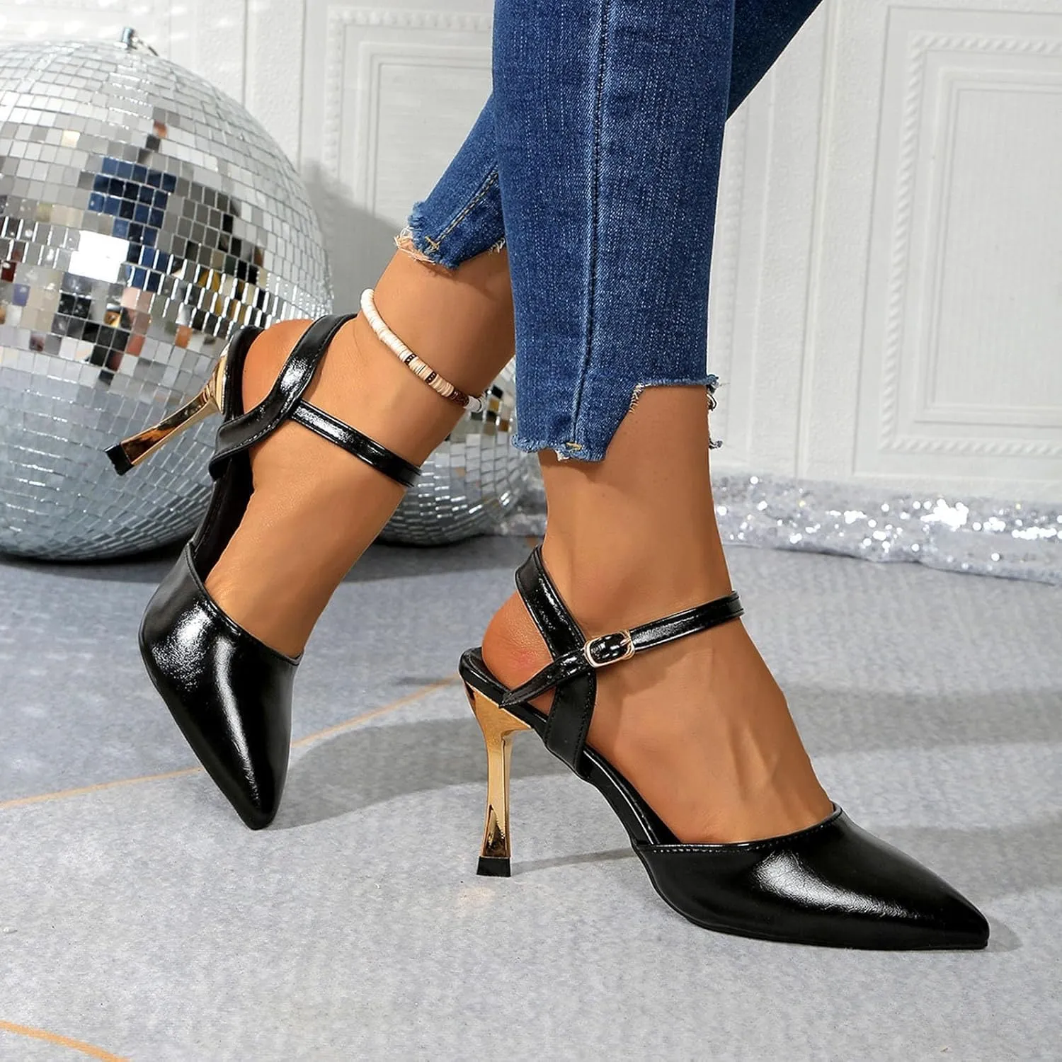 Women Heeled Slingback Sandals Closed Pointed Toe Ankle Strap Adjustable Buckle Evening Prom Wedding Party Dress Shoes
