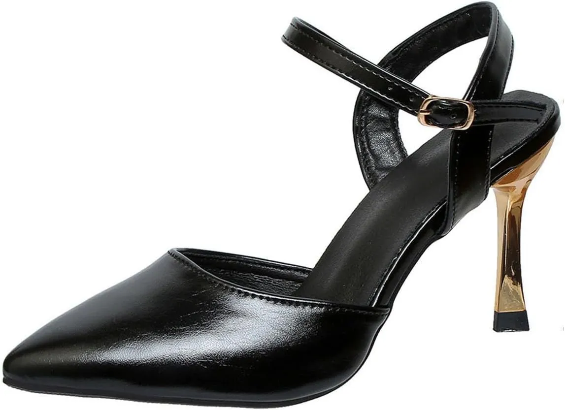 Women Heeled Slingback Sandals Closed Pointed Toe Ankle Strap Adjustable Buckle Evening Prom Wedding Party Dress Shoes