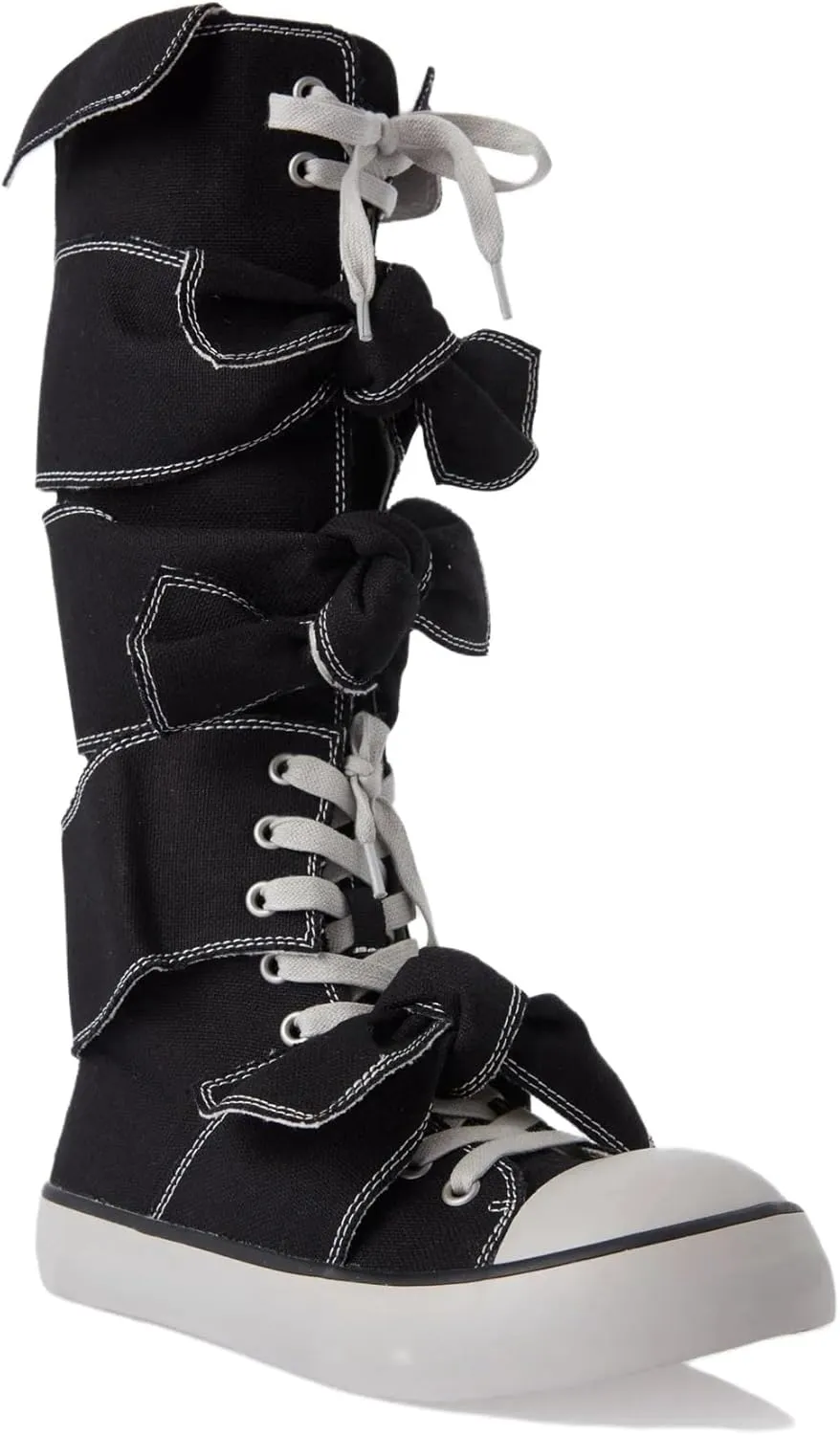 Women Knee High Canvas Boots Lace-Up Sneakers Riding Boots Fancy School Sneakers with Rubber Sole for Casual, Streetwear, and Festival Wear