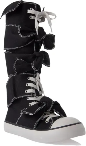 Women Knee High Canvas Boots Lace-Up Sneakers Riding Boots Fancy School Sneakers with Rubber Sole for Casual, Streetwear, and Festival Wear