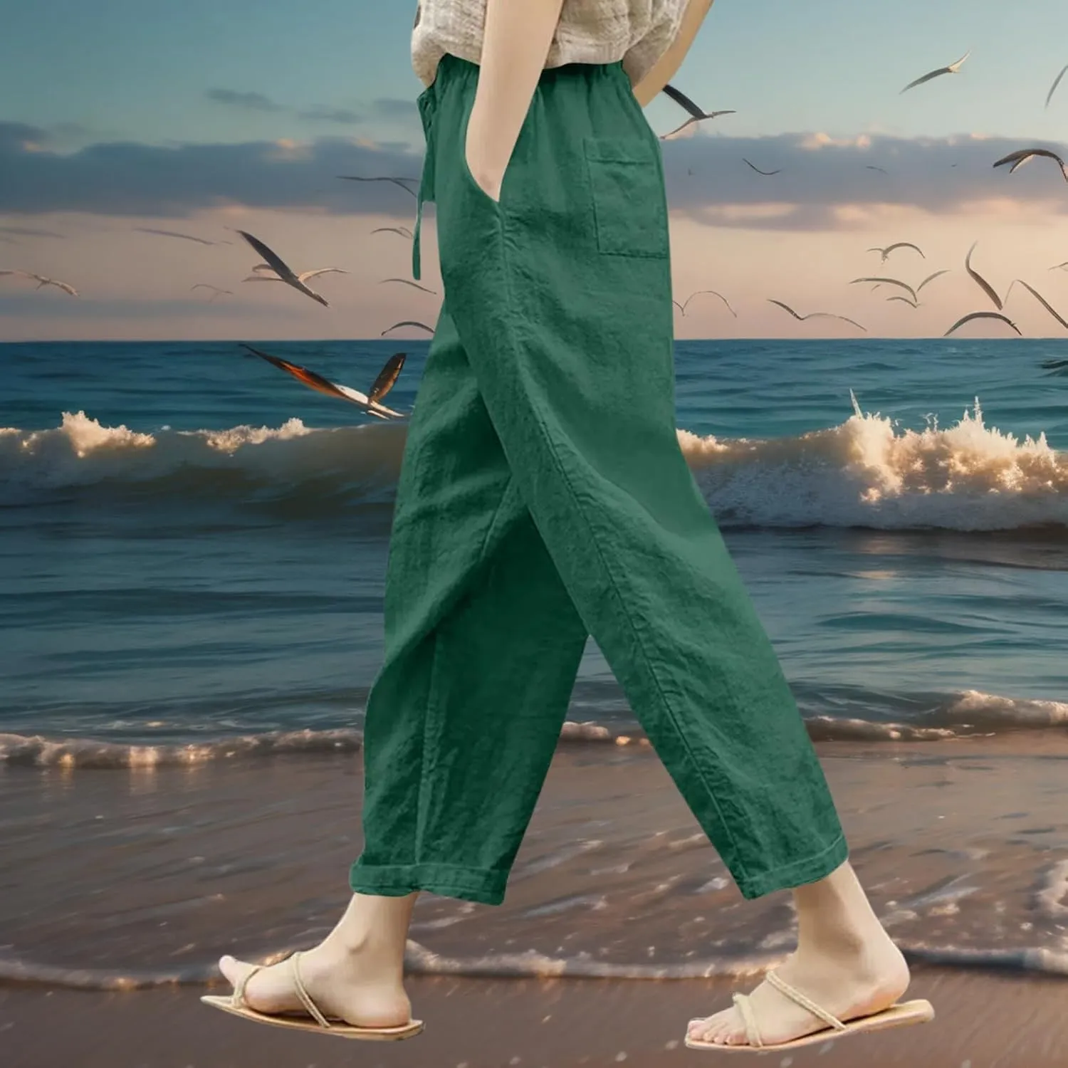 Women Linen Capri Pants-Cotton Linen Summer Pants with Drawstring Waist |Casual Beach Pant for Travel,Vacation Everyday Wear