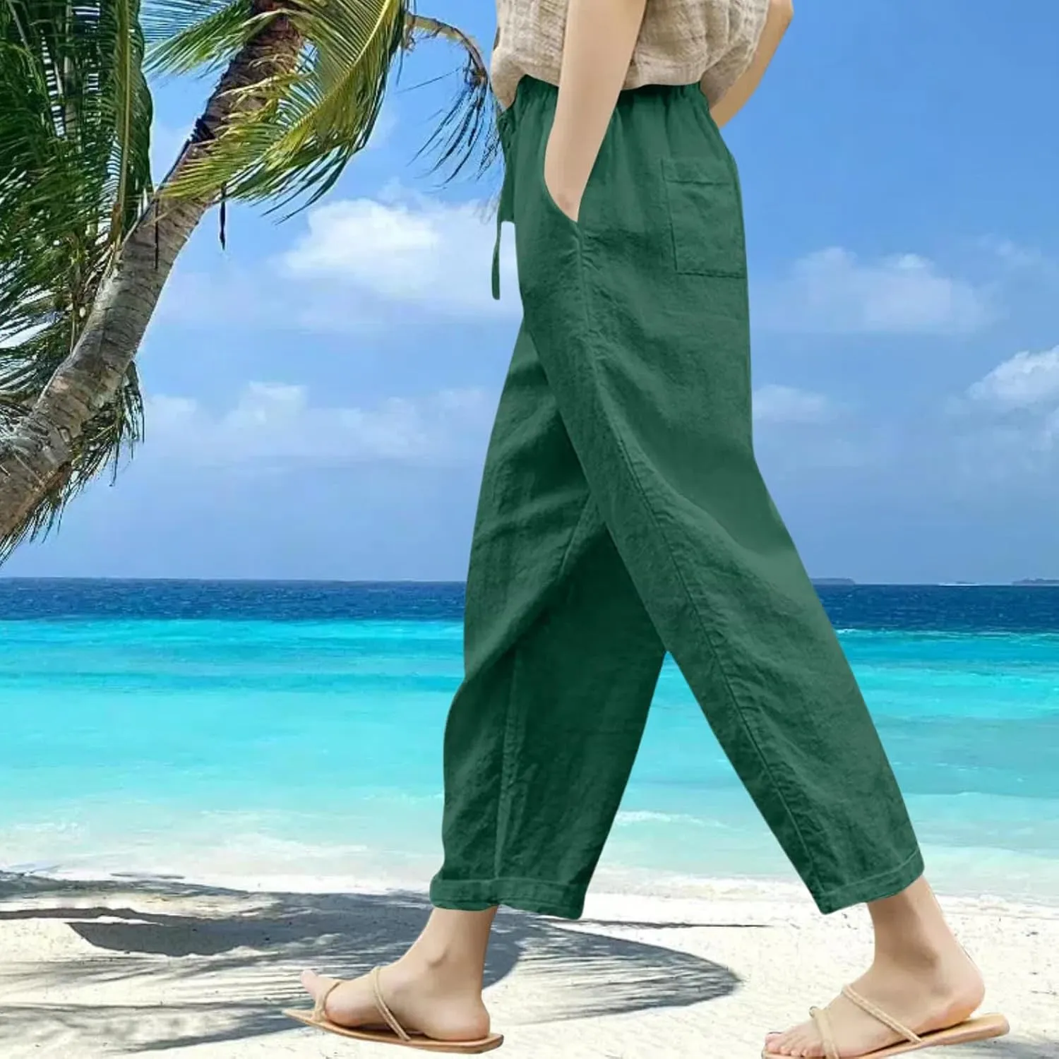 Women Linen Capri Pants-Cotton Linen Summer Pants with Drawstring Waist |Casual Beach Pant for Travel,Vacation Everyday Wear