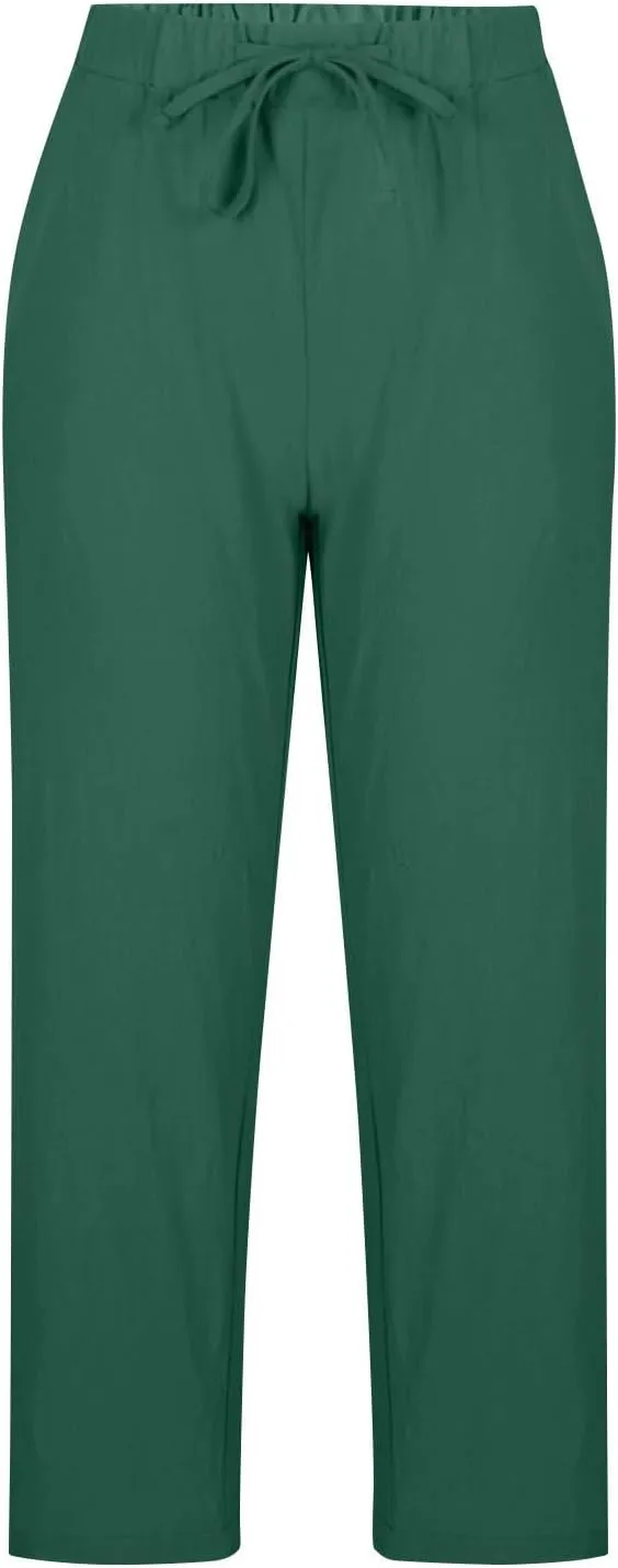Women Linen Capri Pants-Cotton Linen Summer Pants with Drawstring Waist |Casual Beach Pant for Travel,Vacation Everyday Wear