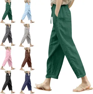 Women Linen Capri Pants-Cotton Linen Summer Pants with Drawstring Waist |Casual Beach Pant for Travel,Vacation Everyday Wear