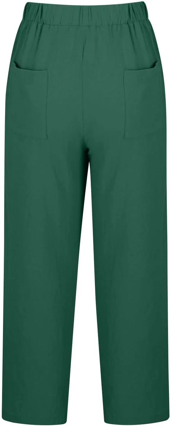 Women Linen Capri Pants-Cotton Linen Summer Pants with Drawstring Waist |Casual Beach Pant for Travel,Vacation Everyday Wear