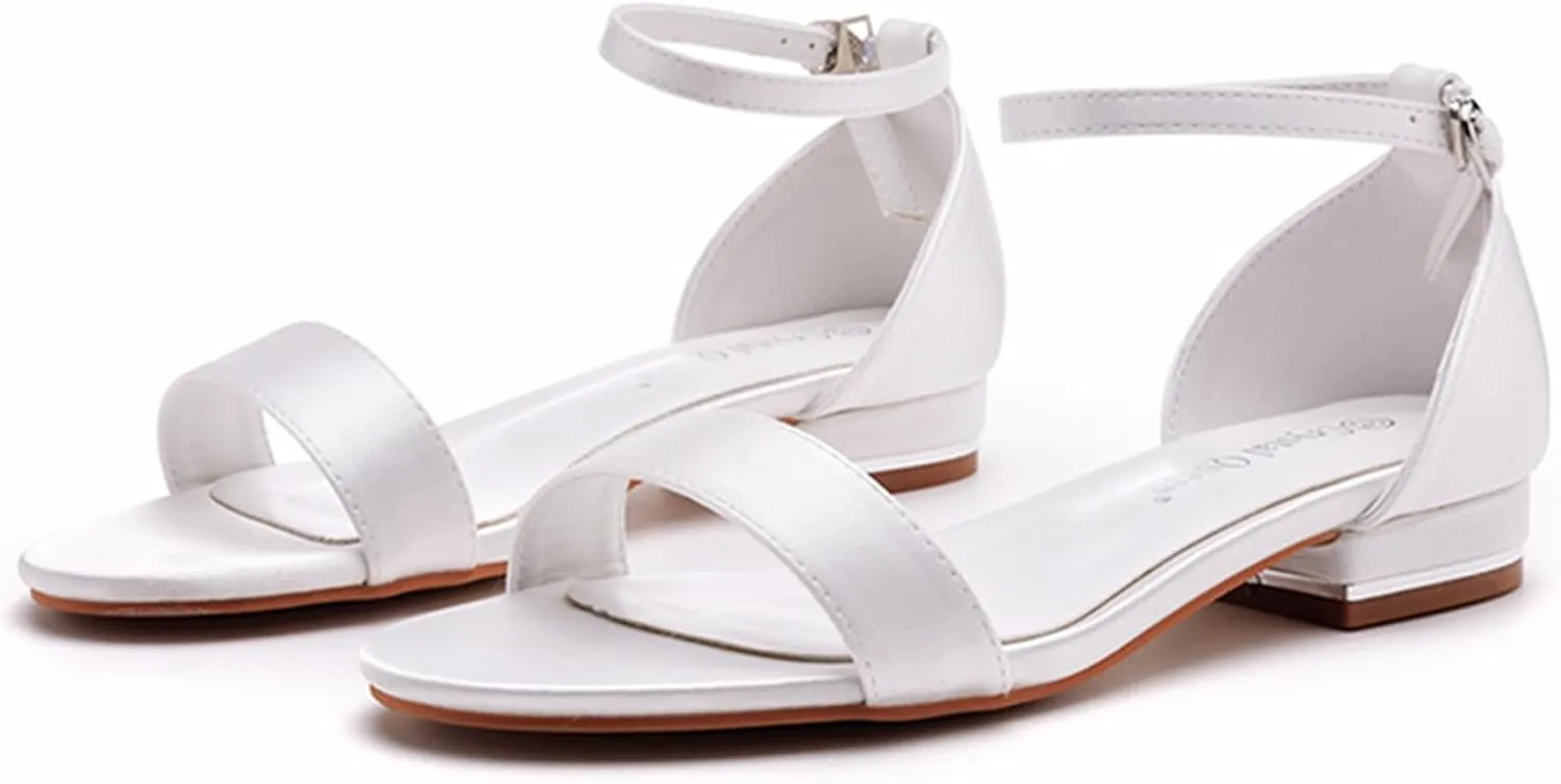 Women Open Toe Dress Low Heel Shoes, Women Satin Flat-for Bridal Shoes, Wedding Shoes, Womens Summer Sandals 2Cm
