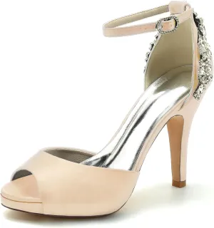 Women Peep Toe Rhinestones Sandals Satin Ankle Strap Bridal Pumps Ankle Buckle Evening Wedding Party Shoes Heel Wedding Sandals