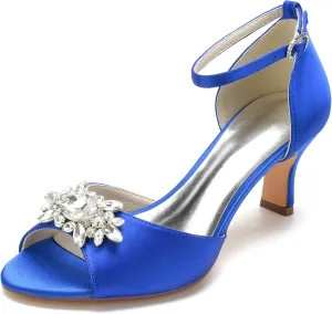 Women Peep Toe Wedding Shoes Bride Satin with Rhinestone Bridal Shoes Mid Heel Ankle Strap Prom Party Dress Sandals