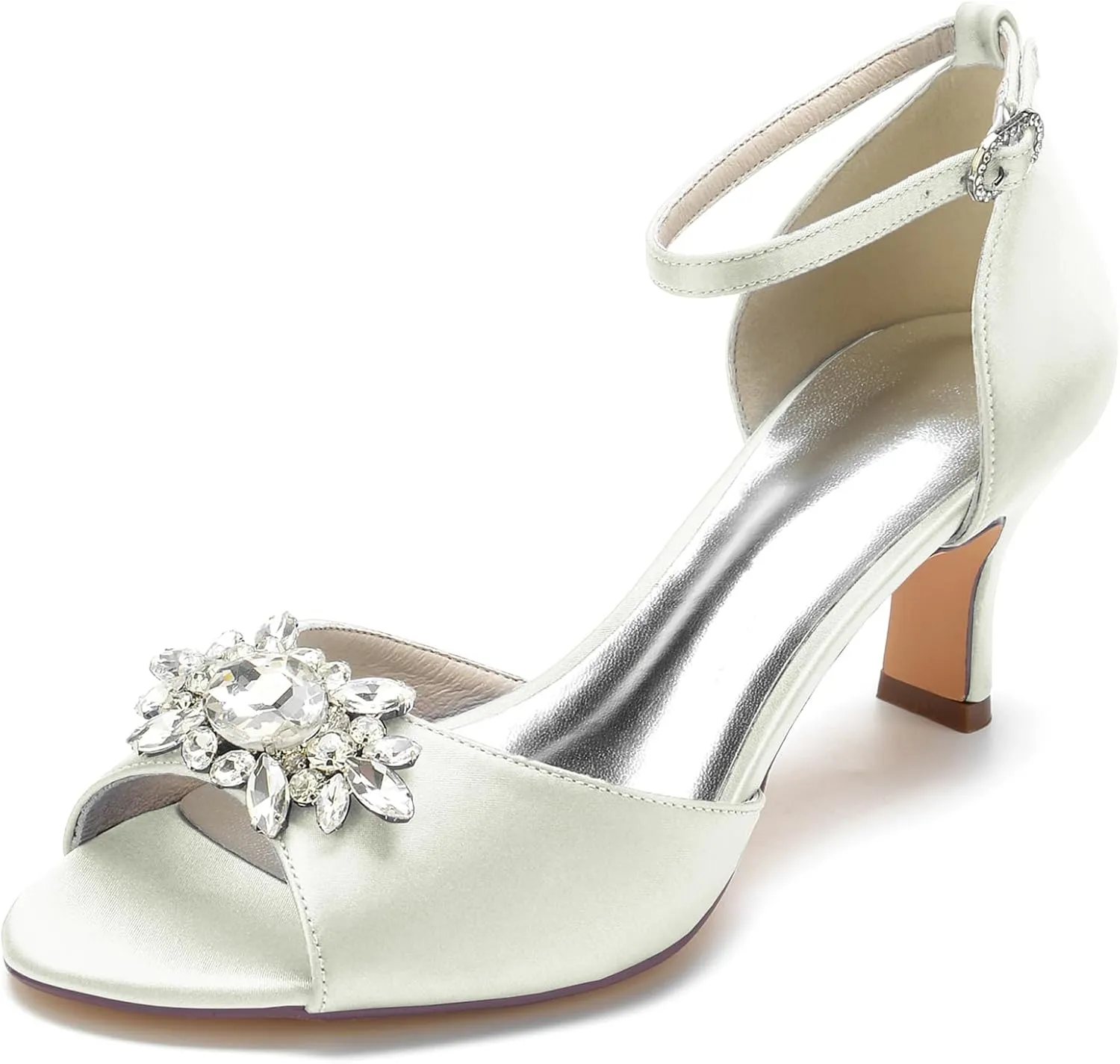 Women Peep Toe Wedding Shoes Bride Satin with Rhinestone Bridal Shoes Mid Heel Ankle Strap Prom Party Dress Sandals