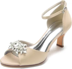 Women Peep Toe Wedding Shoes Bride Satin with Rhinestone Bridal Shoes Mid Heel Ankle Strap Prom Party Dress Sandals