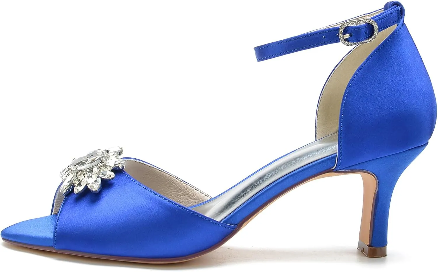 Women Peep Toe Wedding Shoes Bride Satin with Rhinestone Bridal Shoes Mid Heel Ankle Strap Prom Party Dress Sandals