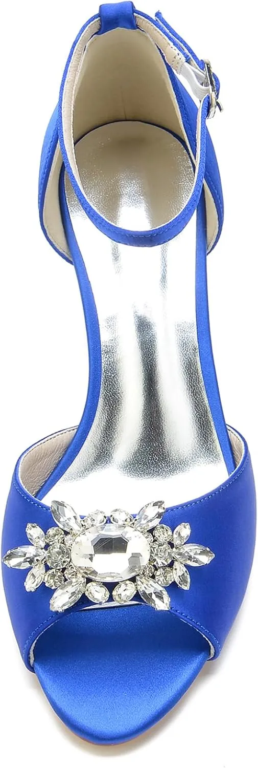 Women Peep Toe Wedding Shoes Bride Satin with Rhinestone Bridal Shoes Mid Heel Ankle Strap Prom Party Dress Sandals