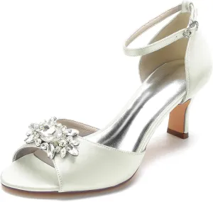 Women Peep Toe Wedding Shoes Bride Satin with Rhinestone Bridal Shoes Mid Heel Ankle Strap Prom Party Dress Sandals