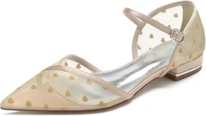 Women Pointed Satin Mesh Closed Toe Bridal Ankle Buckle Shoes Wedding Shoes Low Heel Ballet Flat Sandles