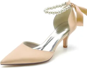 Women Pointed Toe Heels Pumps Wedding Bridal Shoes Satin Pearls Ribbon Tie Strap Adjustable Ankle Strap Sandals