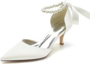 Women Pointed Toe Heels Pumps Wedding Bridal Shoes Satin Pearls Ribbon Tie Strap Adjustable Ankle Strap Sandals