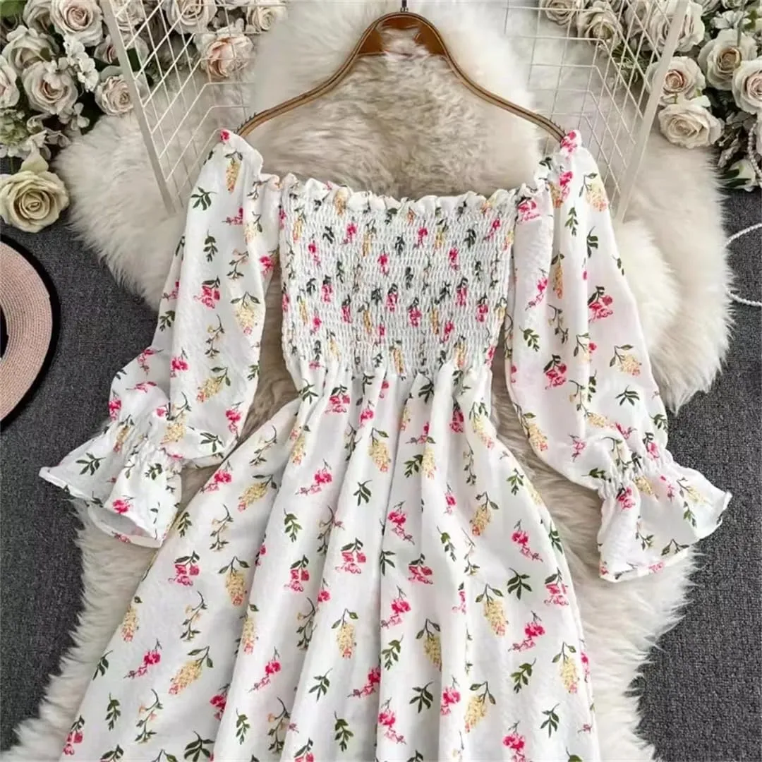 Women Print Square Neck Puff Sleeve Vintage Dress Pleated Beach Long Dresses