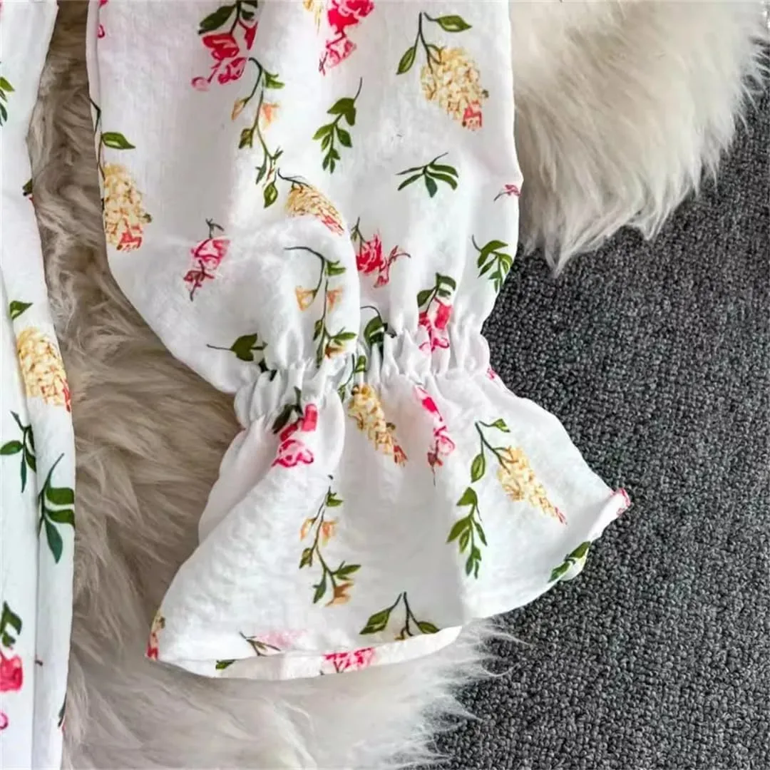 Women Print Square Neck Puff Sleeve Vintage Dress Pleated Beach Long Dresses
