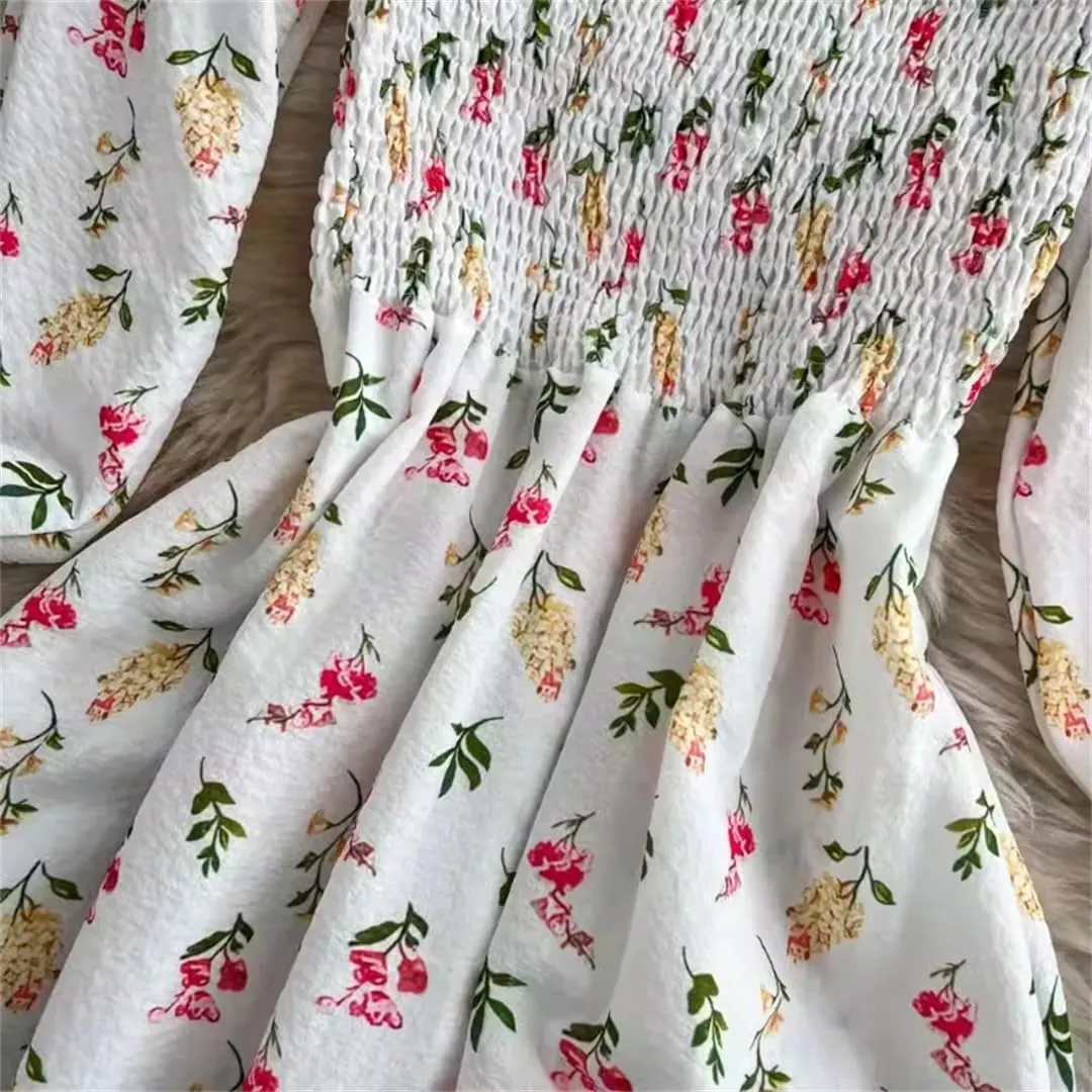 Women Print Square Neck Puff Sleeve Vintage Dress Pleated Beach Long Dresses
