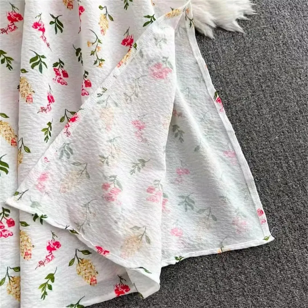 Women Print Square Neck Puff Sleeve Vintage Dress Pleated Beach Long Dresses