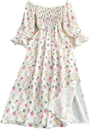 Women Print Square Neck Puff Sleeve Vintage Dress Pleated Beach Long Dresses