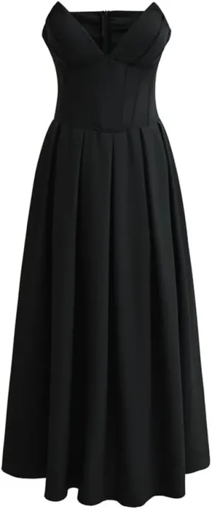Women Retro Party Dress Sleeveless Off Shoulder V Neck Midi Dress Backless Solid Slim Fit Dress