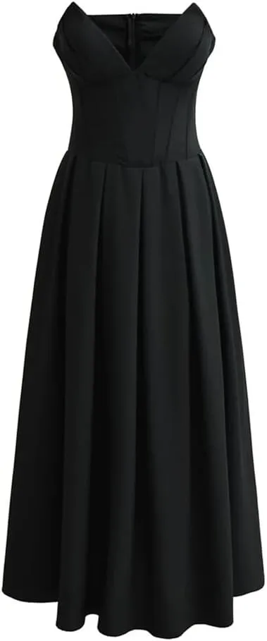 Women Retro Party Dress Sleeveless Off Shoulder V Neck Midi Dress Backless Solid Slim Fit Dress