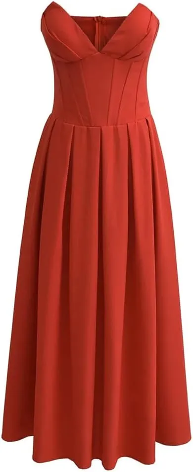Women Retro Party Dress Sleeveless Off Shoulder V Neck Midi Dress Backless Solid Slim Fit Dress