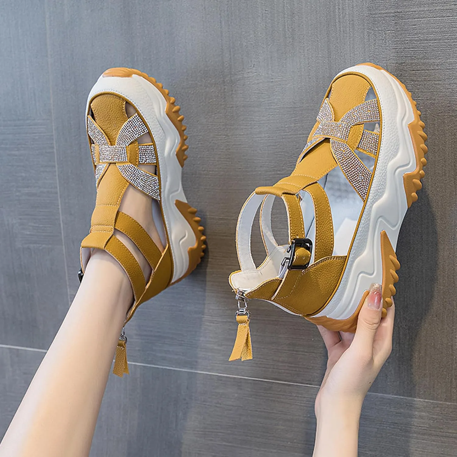 Women Rhinestone Thick-Soled Fashion Sneakers,Hollow Back Zipper Heightening Shoes Comfortable Adjustable Buckle Breathable Casual Platform Sneakers Sandals